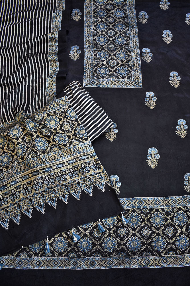 Designer Ajrakh Mashru Silk Unstitched suit with  panel / yoke design- 3 piece set