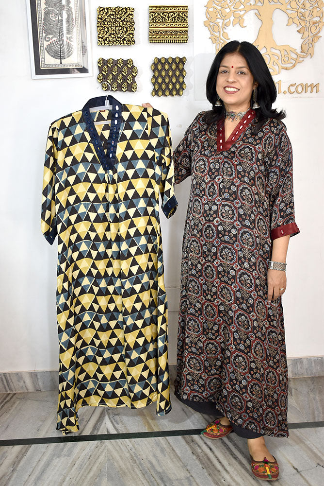 Beautiful Ajrakh Modal Silk Kurta with Kutch Mirror Work size - 38 - 44