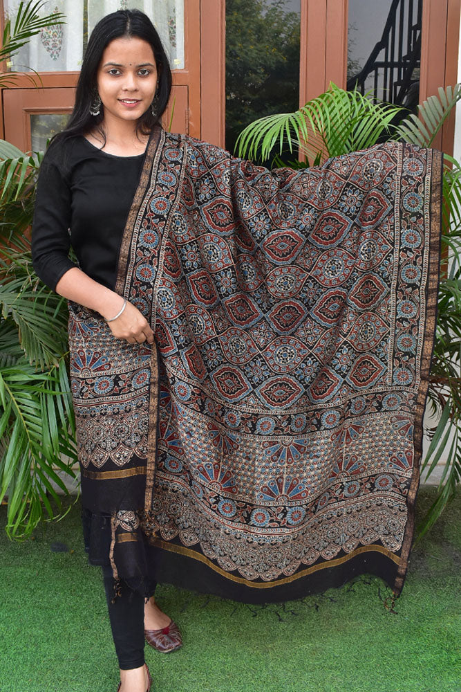 Elegant Ajrakh Hand Block Print Chanderi Dupatta