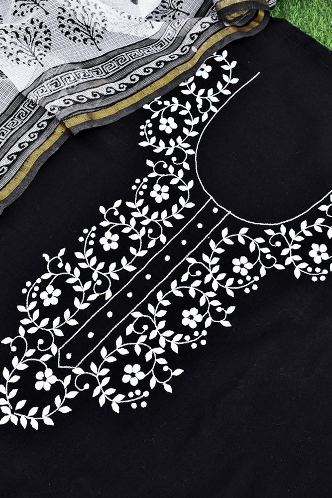 Elegant Cotton Unstitched Kurta withHand Phool Patti Work & Block printed Dupatta & Bottom - 3 pc Suit