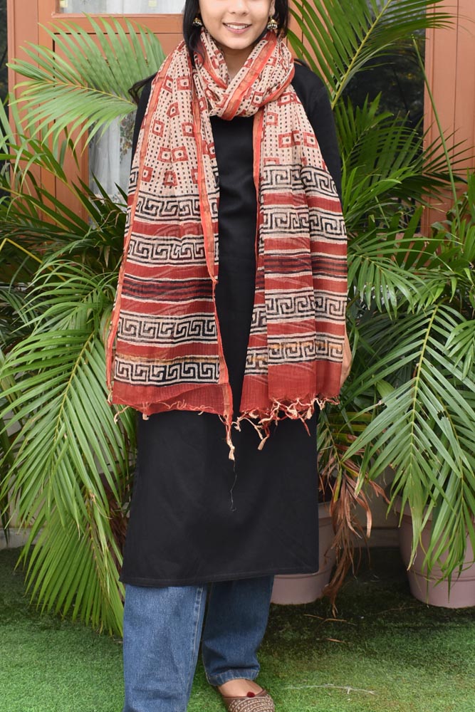 Hand Block Printed Kota Cotton Dupatta with zari border