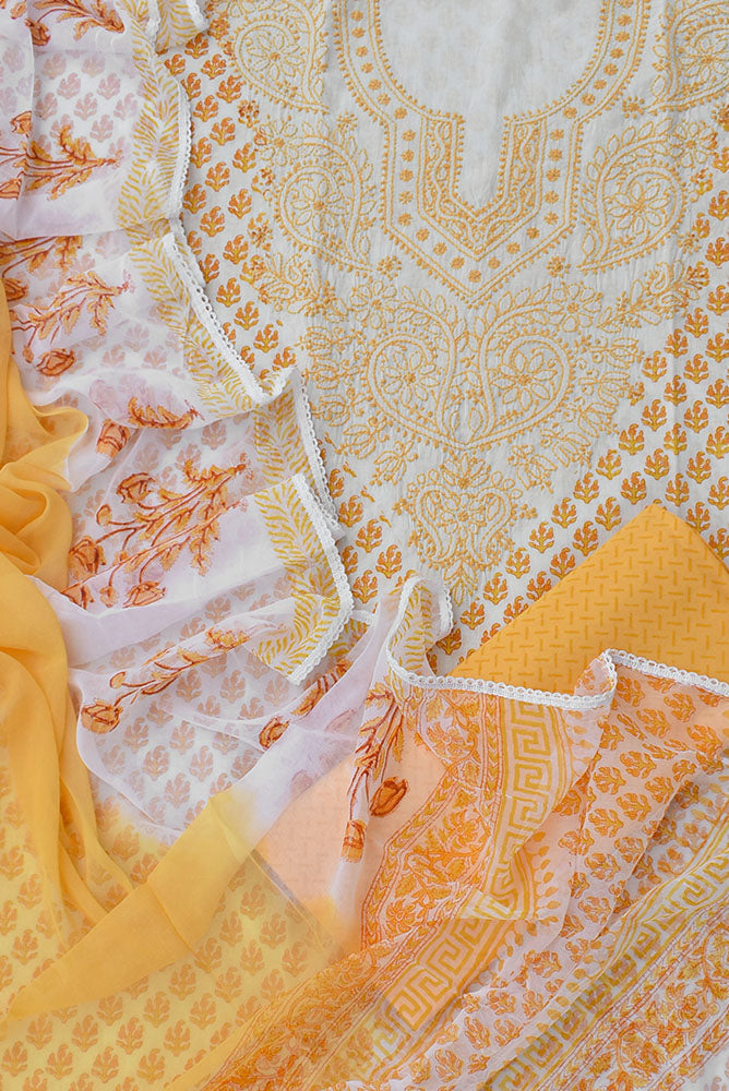 Beautiful Cotton Unstitched Suit Fabric with Chikankari & Hand Block printing