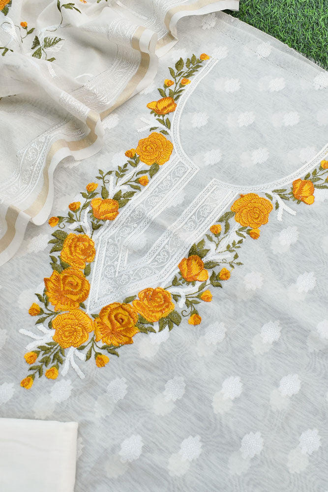 Beautiful embroidered Banarasi Slub Cotton Chanderi suit