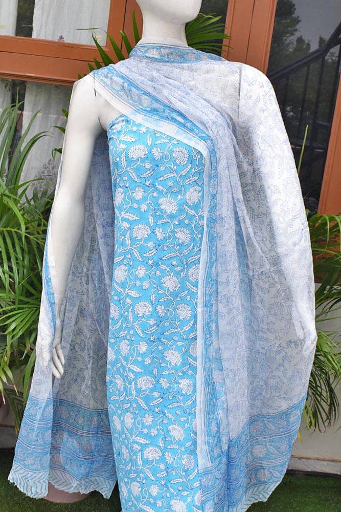 Hand Block Printed Cotton unstitched suit fabric with Chiffon dupatta