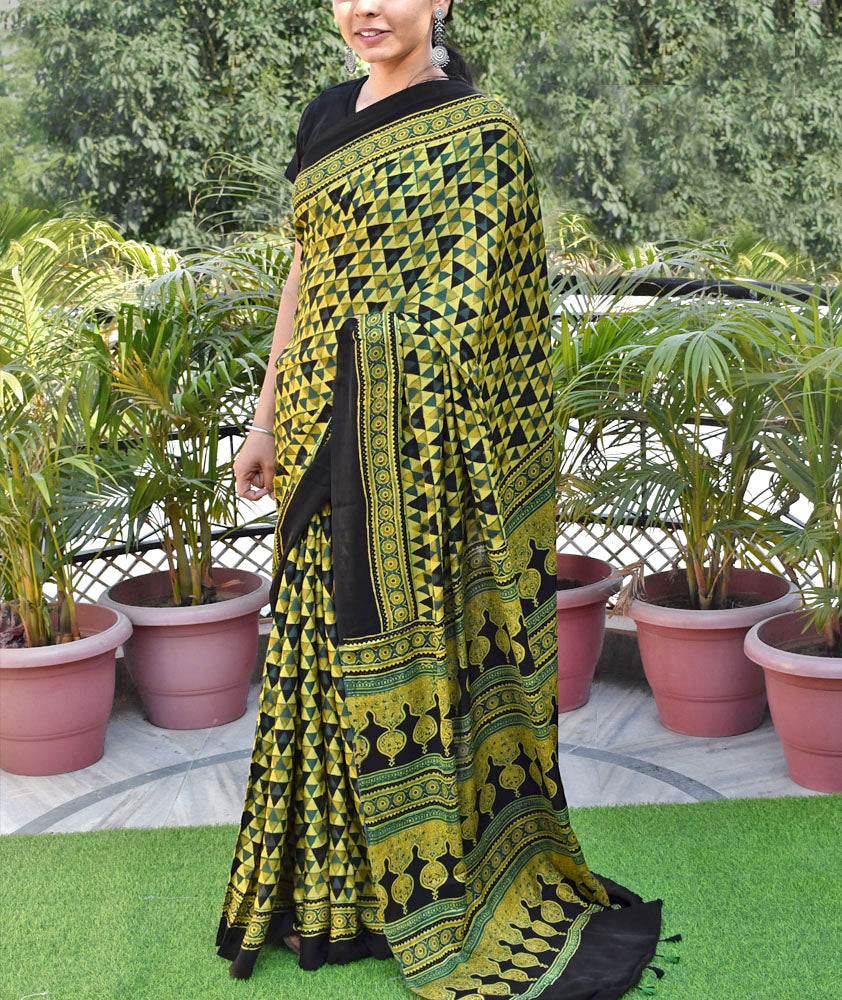 Elegant Hand Block Printed Ajrakh Modal Silk Saree with tassels