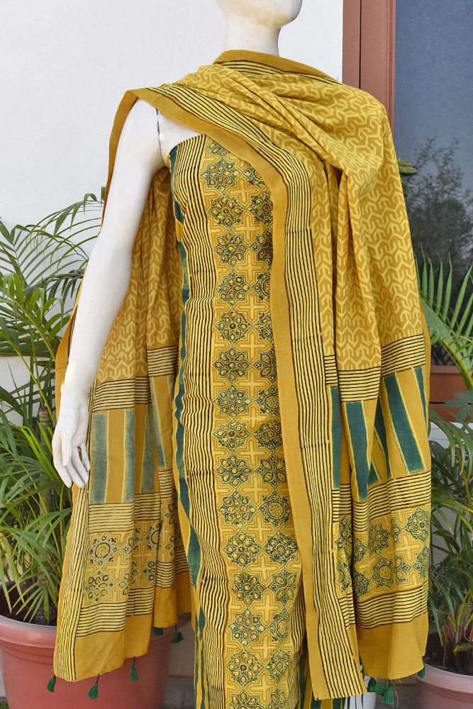 Hand Block Print Ajrakh Cotton Suit with designer Ajrakh neck yoke pattern