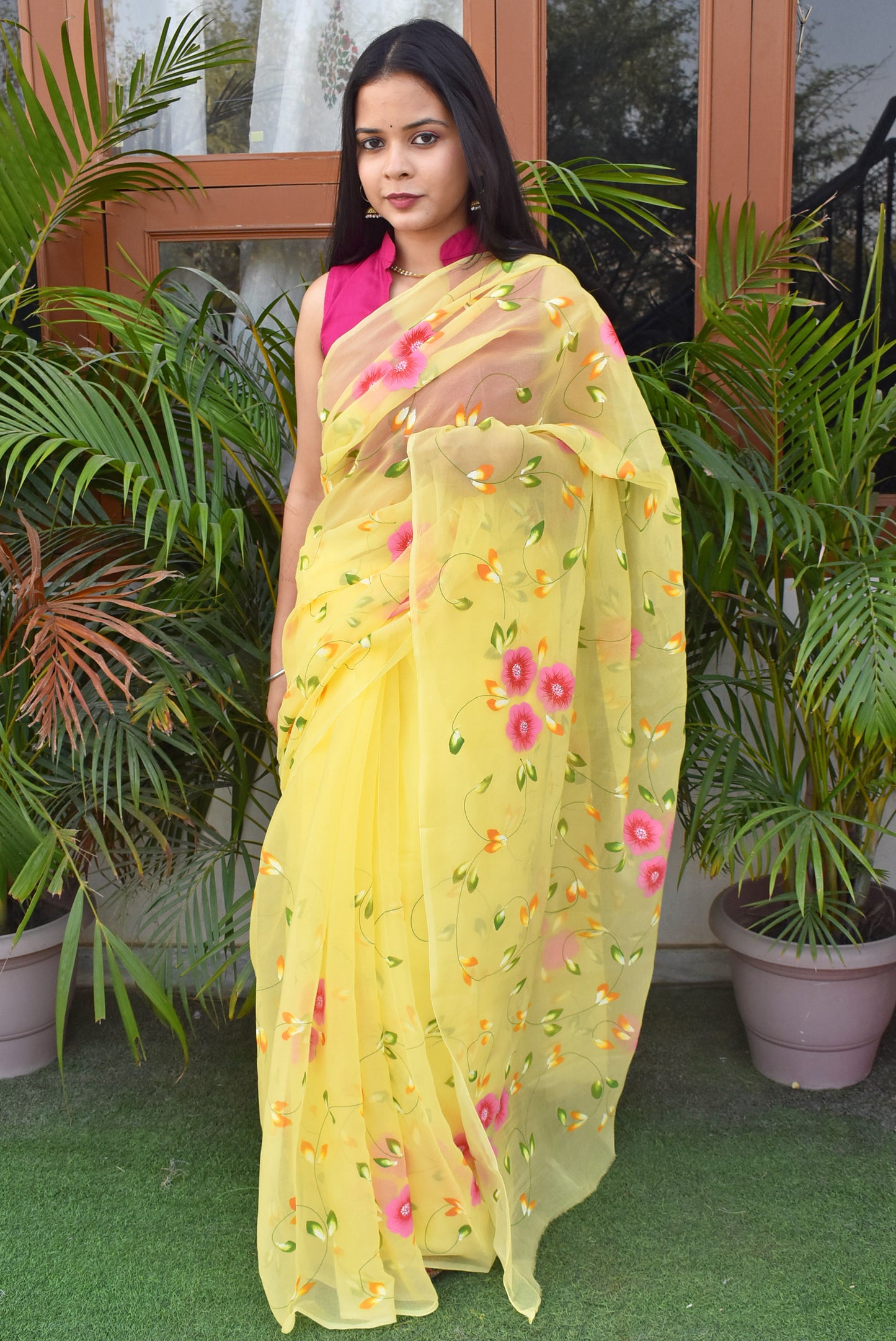 Prakriti : Beautiful Organza Saree with Hand Painted Floral Motifs