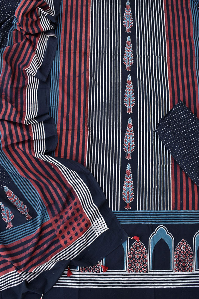 Hand Block Print Ajrakh Cotton Suit with designer Ajrakh neck yoke pattern