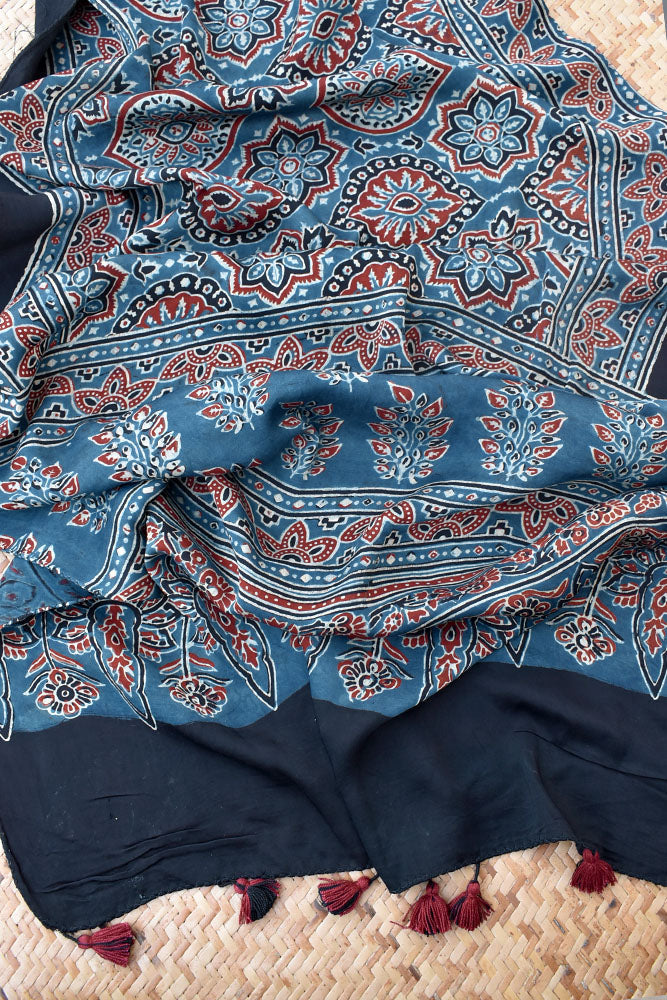 Beautiful Hand Block Printed Ajrakh Modal Silk stole with Tassels
