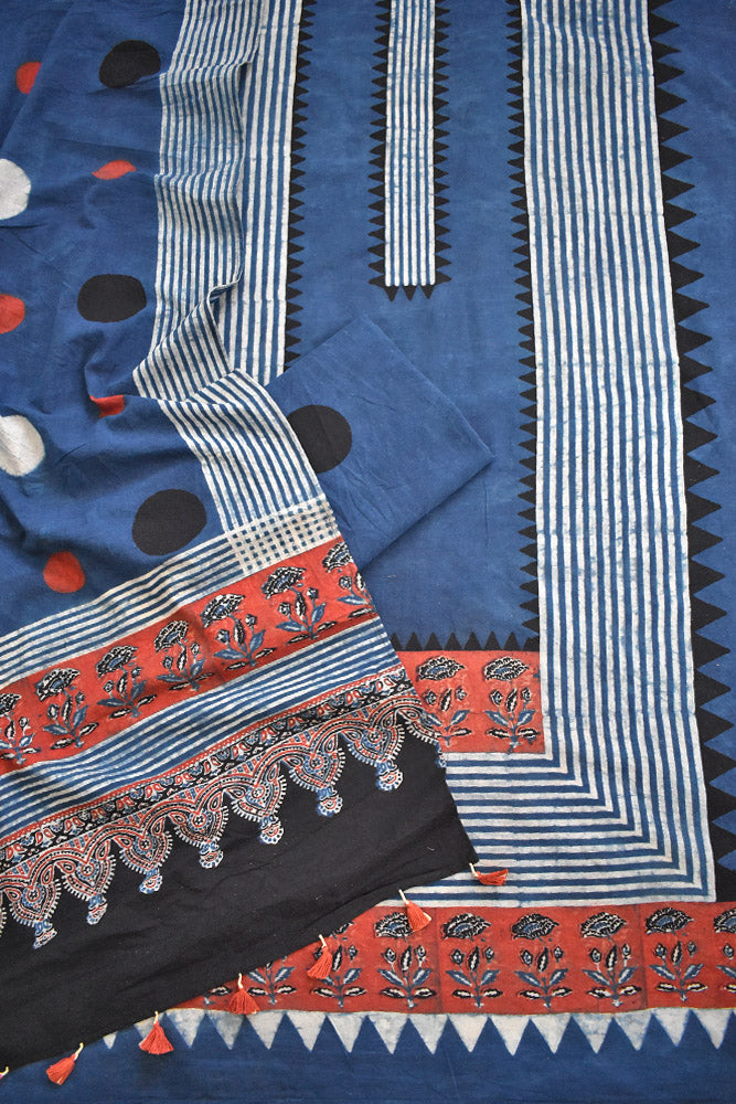 Block Print Ajrakh Cotton Suit with designer Ajrakh neck yoke /panel & Long Stole