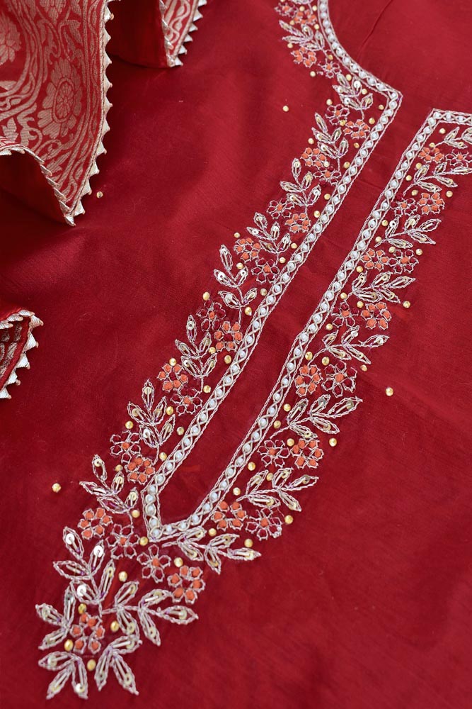 Beautiful Chanderi unstitched suit fabric with Banarasi Dupatta & Matching Potli bag