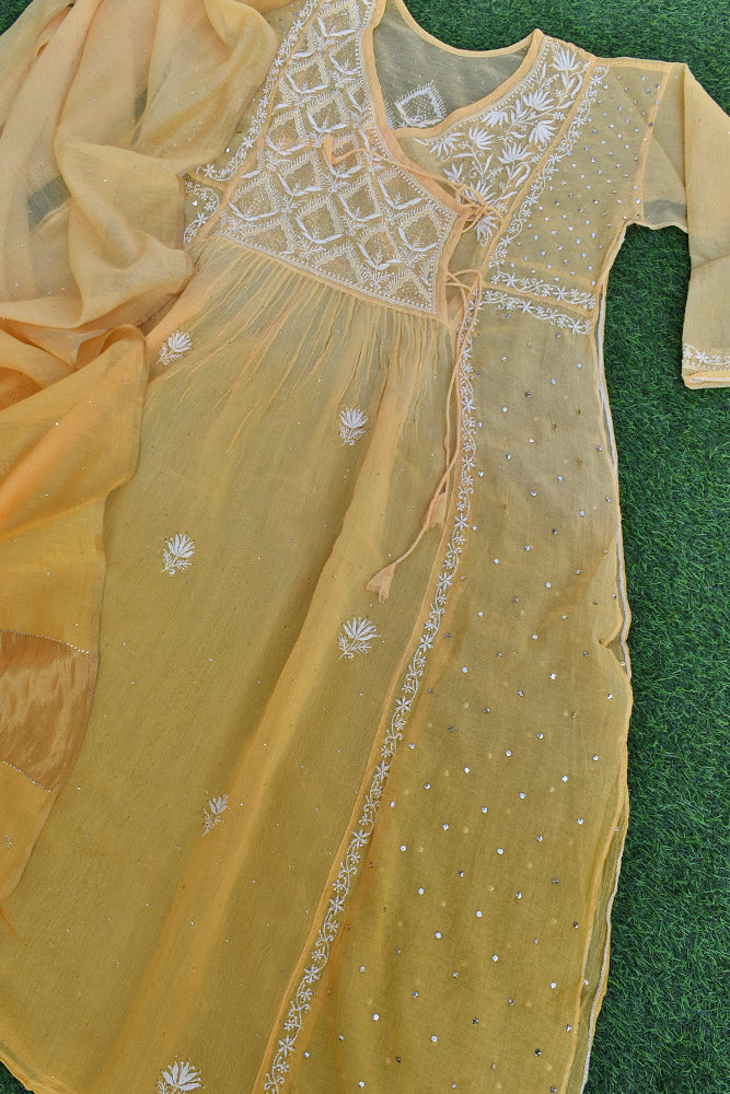 Elegant Mul chanderi silk Semi stitched Angarkha & dupatta set with Chikankari & Muqaish work