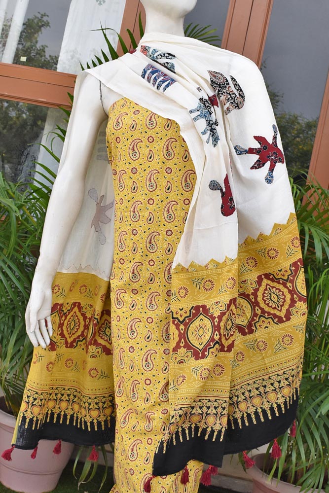 Beautiful Ajrakh kurta fabric with Hand Patch work dupatta