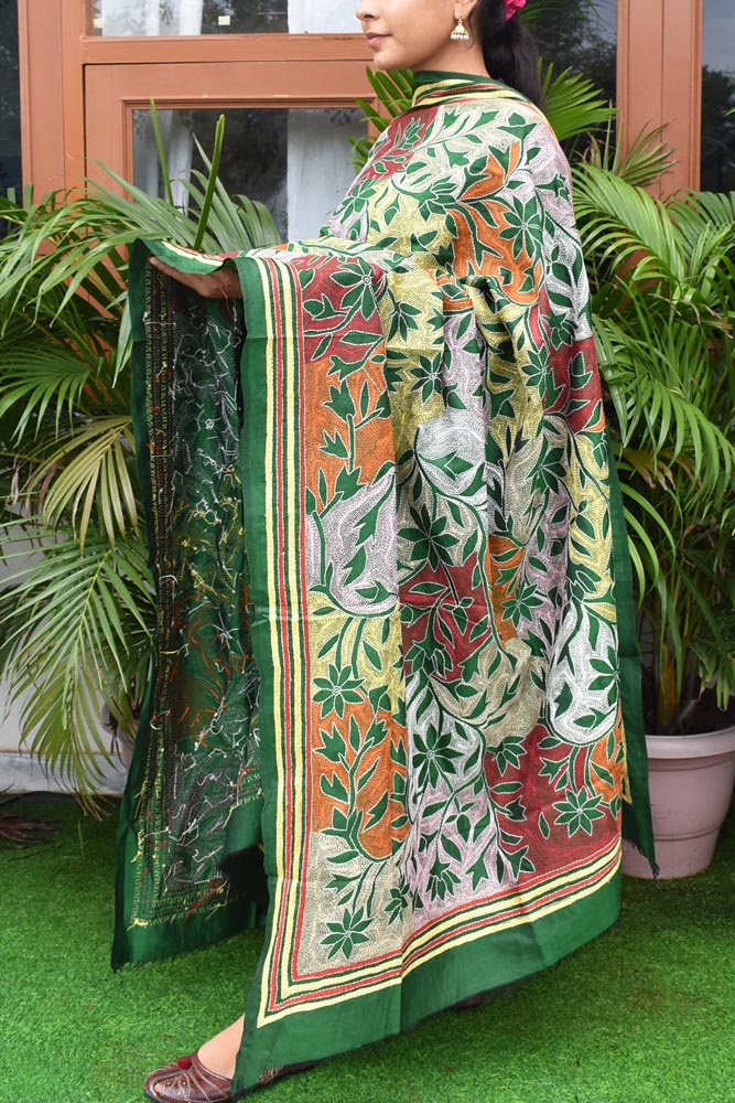 Beautiful Tussar Silk Dupatta with Nakkshi Kantha work