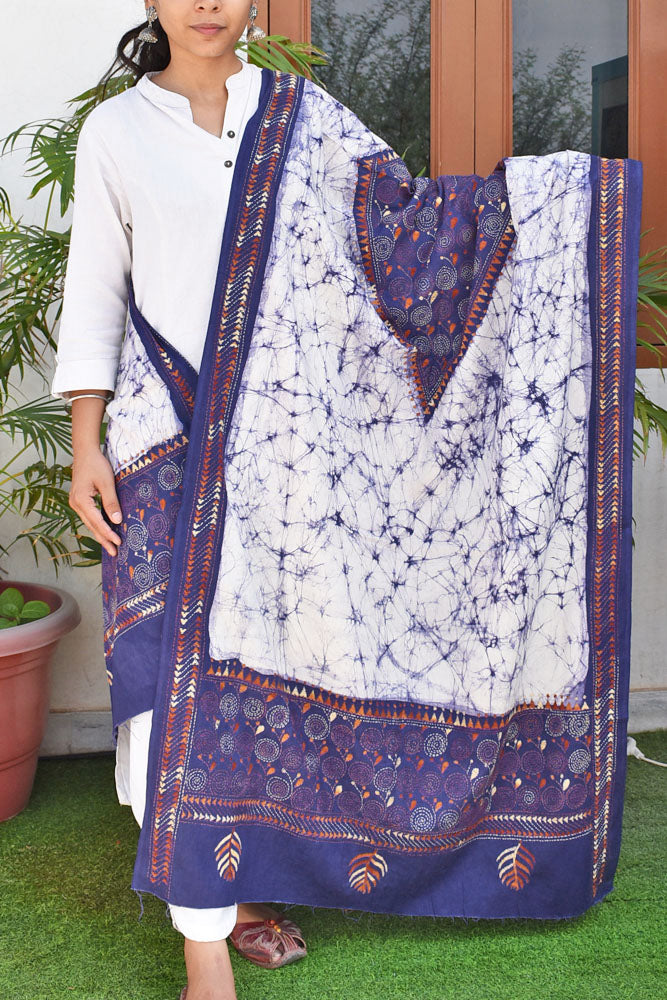 Handcrafted & Handembroidered Cotton Dupatta with Bengal Kantha & Batik work