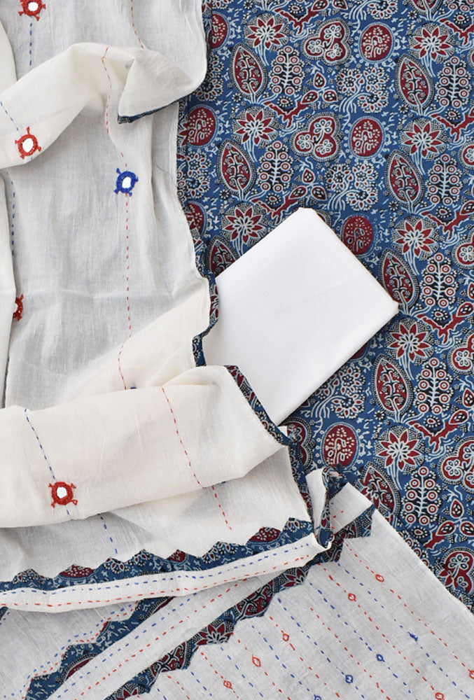 Beautiful Ajrakh Cotton Unstitched Suit with Real Mirror, Kantha & Applique Work dupatta