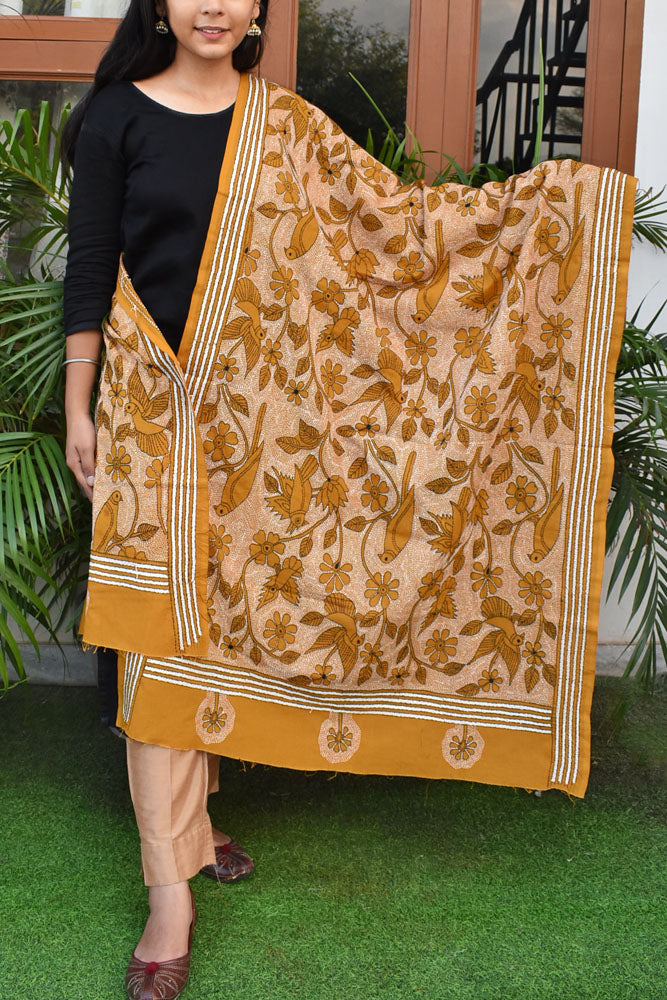 Very Intricate Hand embroidered Cotton Dupatta with Bengal Nakkshi Kantha work