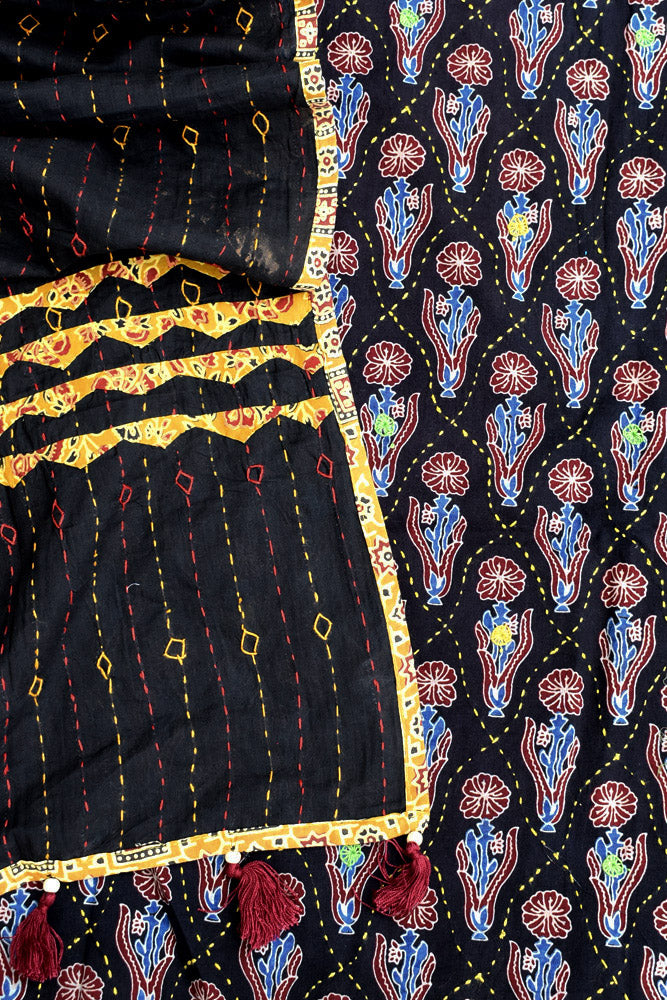 Beautiful Ajrakh kurta fabric with hand embroidery & Patch & Kantha work dupatta