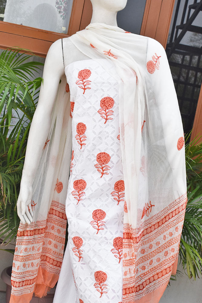 Hand Block Printed Cotton Suit with Hand applique work & chiffon dupatta