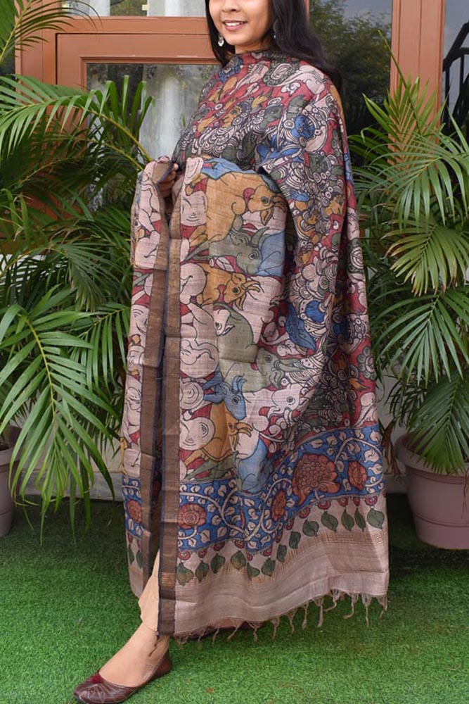 Earthy Hand Painted Kalamkari Desi Tussar Silk Dupatta