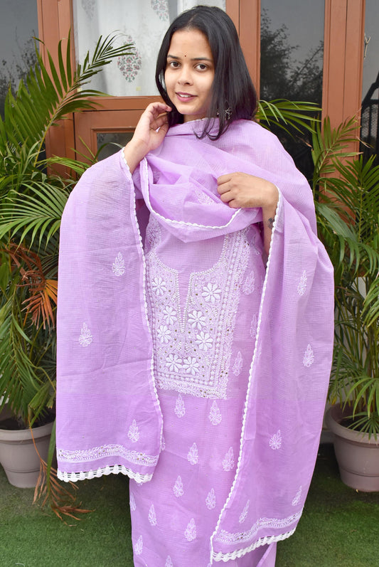 Ombre Dyed Elegant Kota Doria Kurta & dupatta with Lucknowi Hand Chikankari embroidery and Muqaish work