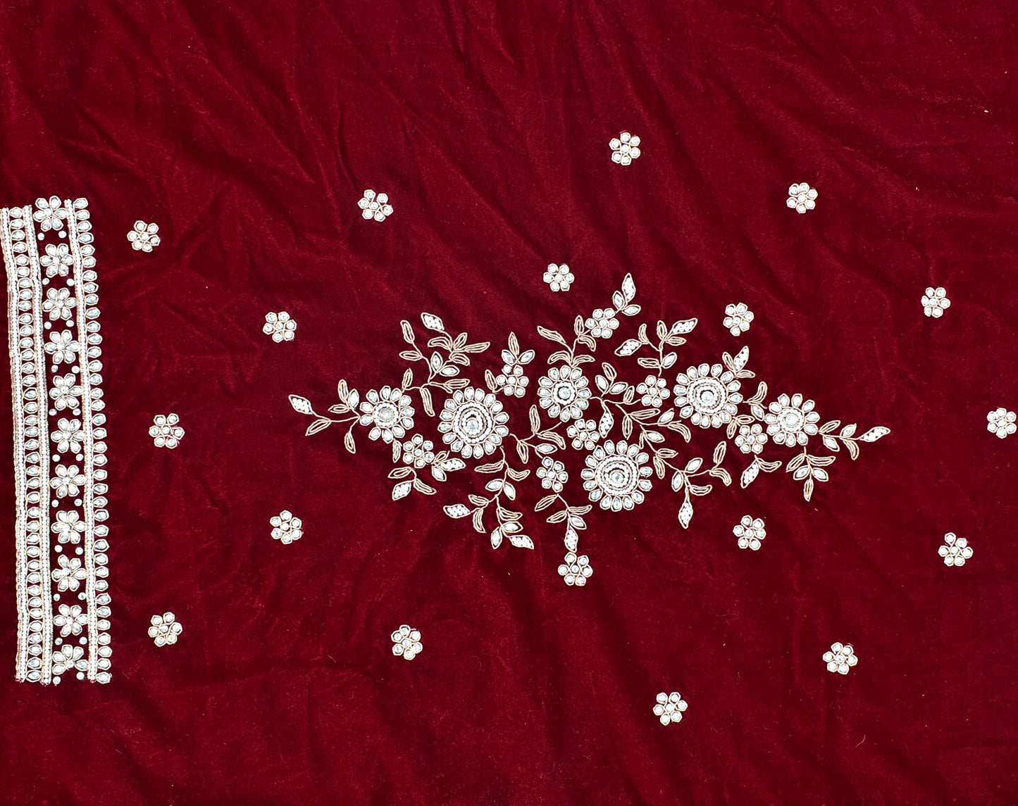 Maroon - Velvet Fabric with Heavy Hand Zardozi, Pearl, Dabka & Kundan Work Embroidery