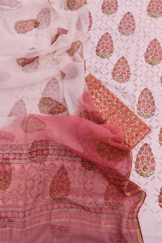 Hand Block Printed Cotton Suit with Hand applique work & Kota dupatta