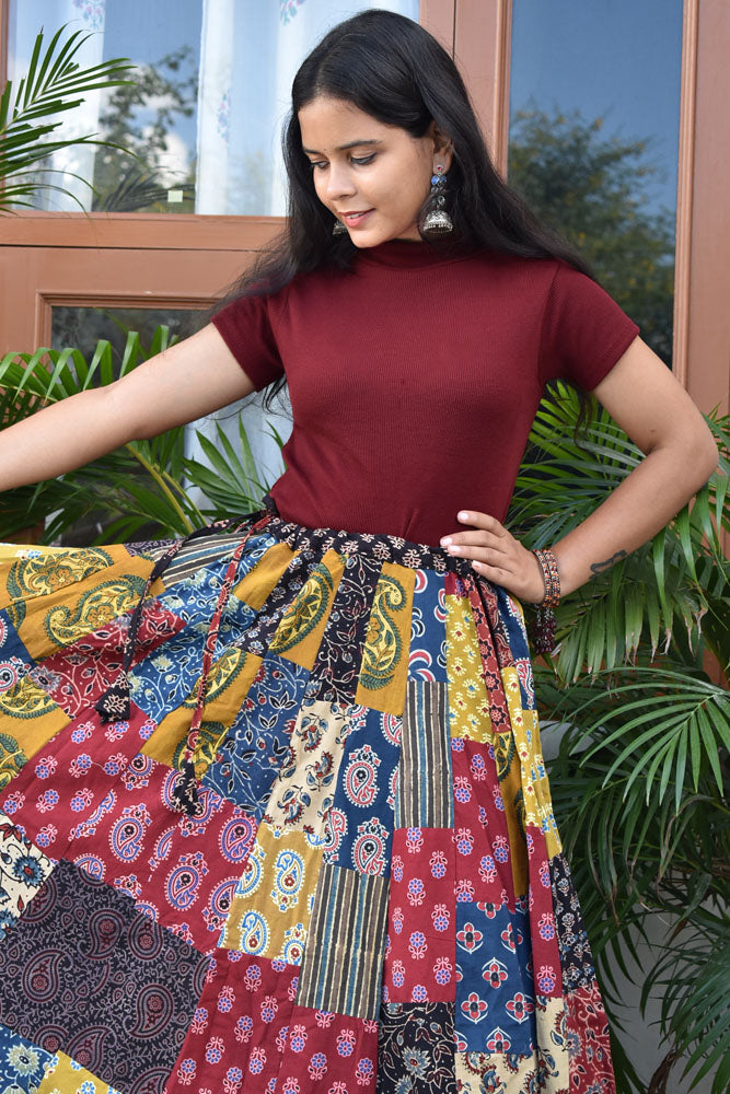 Beautiful Ajrakh Hand Block Printed Patch Work Cotton Long Skirt with Stitched borders