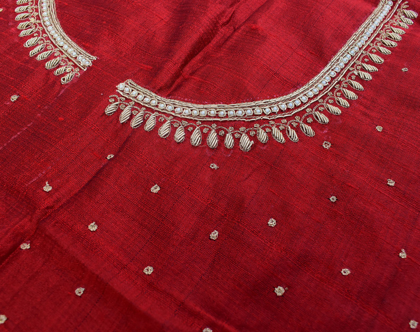 Intricate & Detailed Hand Zardozi, Dabka, Aari , Pearl & Sequin work Blouse Fabric on Pure Raw Silk Fabric