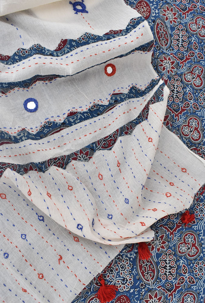 Beautiful Ajrakh Cotton Unstitched Suit with Real Mirror, Kantha & Applique Work dupatta