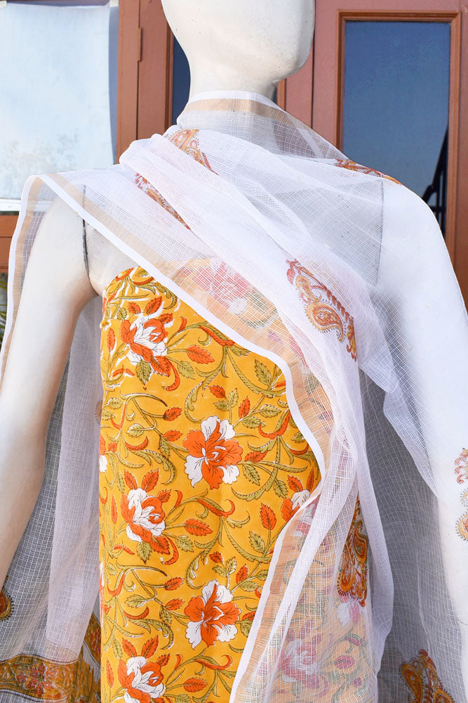 Beautiful Hand Block Printed Cotton unstitched suit fabric with Kota Doria Dupatta