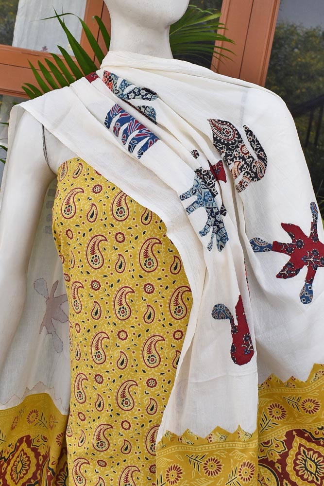 Beautiful Ajrakh kurta fabric with Hand Patch work dupatta