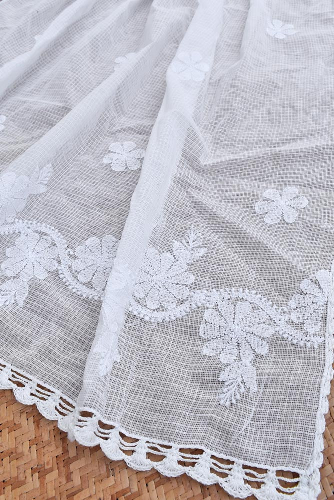 Handcrafted Kota Cotton Dupatta with Chikankari embroidery & crochet borders - base white color - Dyeable