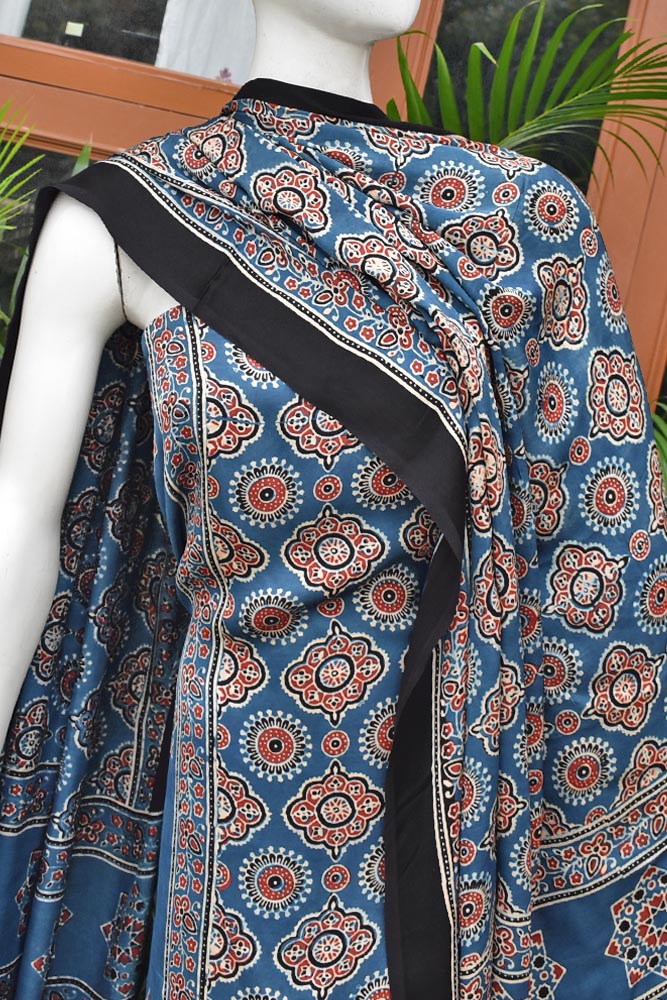 Designer Ajrakh Modal Kurta and Dupatta Set with Neck yoke and panel design
