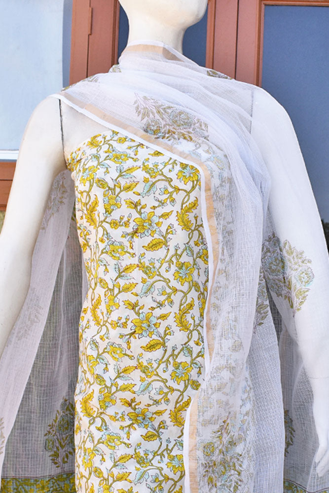 Beautiful Hand Block Printed Cotton unstitched suit fabric with Kota Doria Dupatta