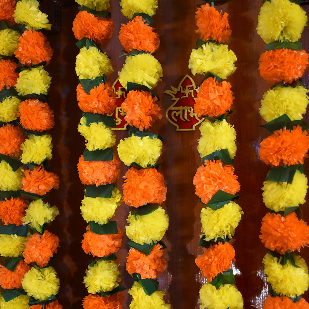 Pack of 5 - Artificial Marigold Flower Garland strings - 4.5 ft + (Orange, Yellow with green leaf )