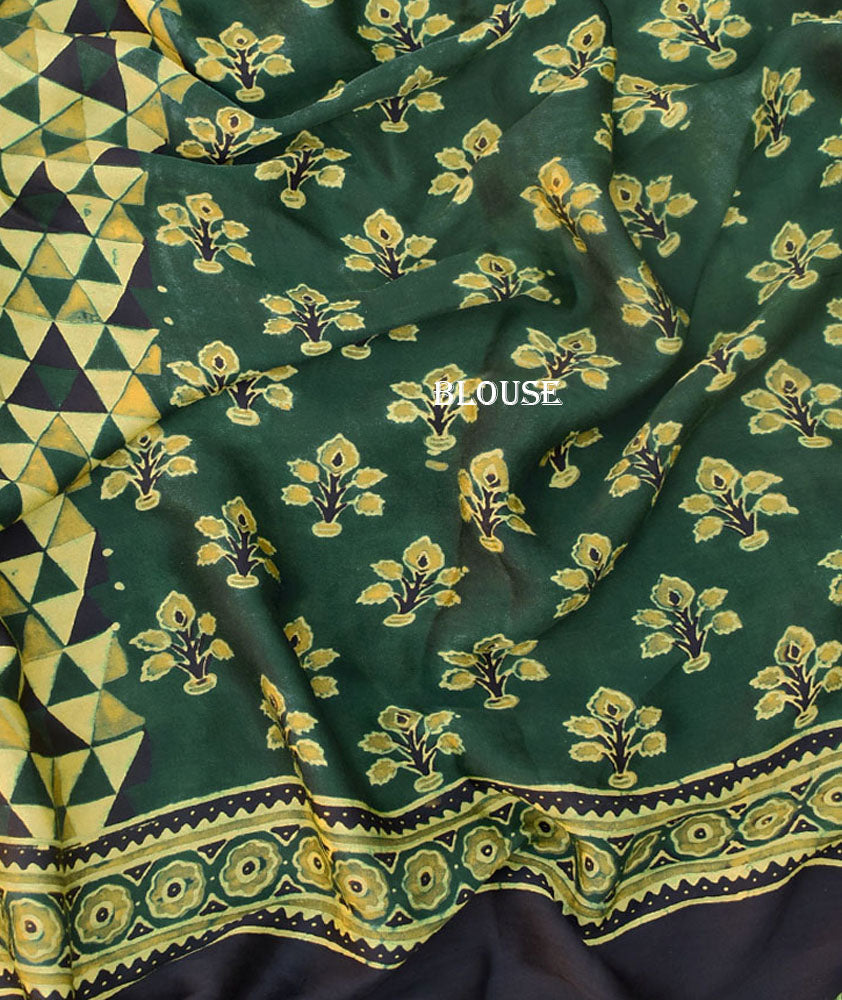 Elegant Hand Block Printed Ajrakh Modal Silk Saree with tassels