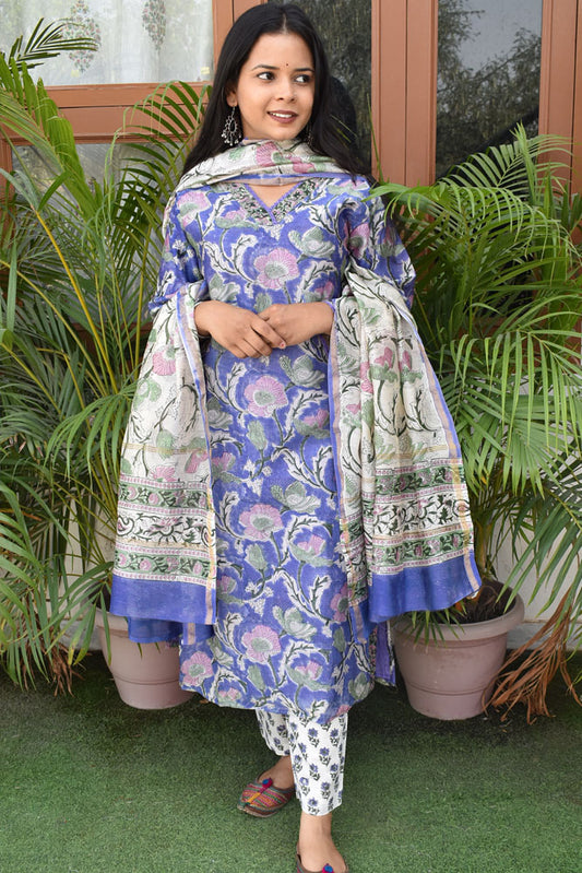Beautiful Printed Chanderi suit with Lace details, Sequin work & Embroidery - Kurta , Chanderi Dupatta & Pant - size 38, 40, 44