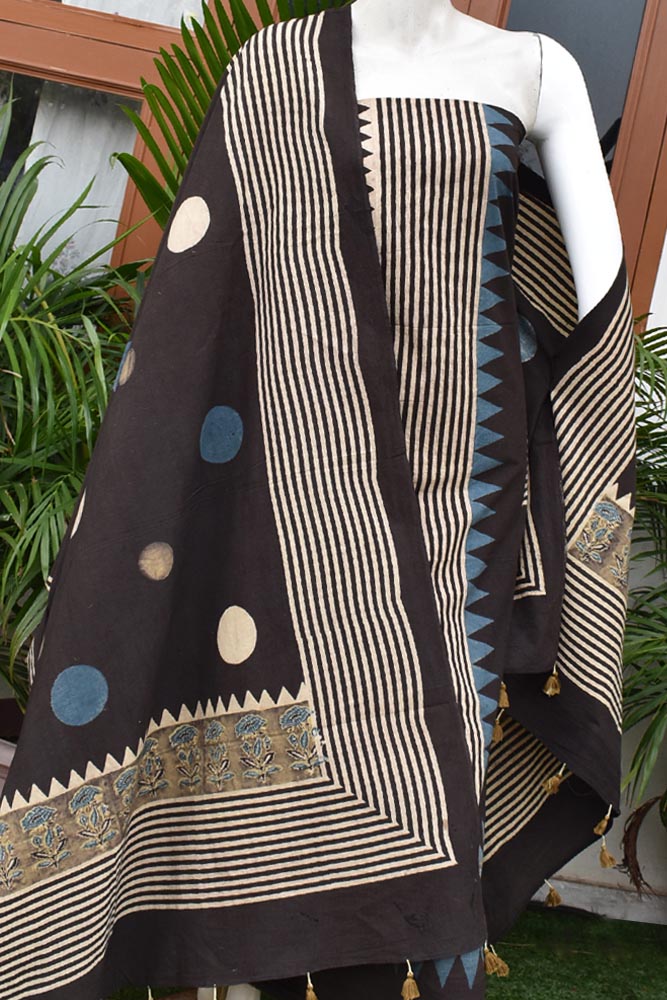 Hand Block Print Ajrakh Cotton Suit with designer Ajrakh neck yoke pattern