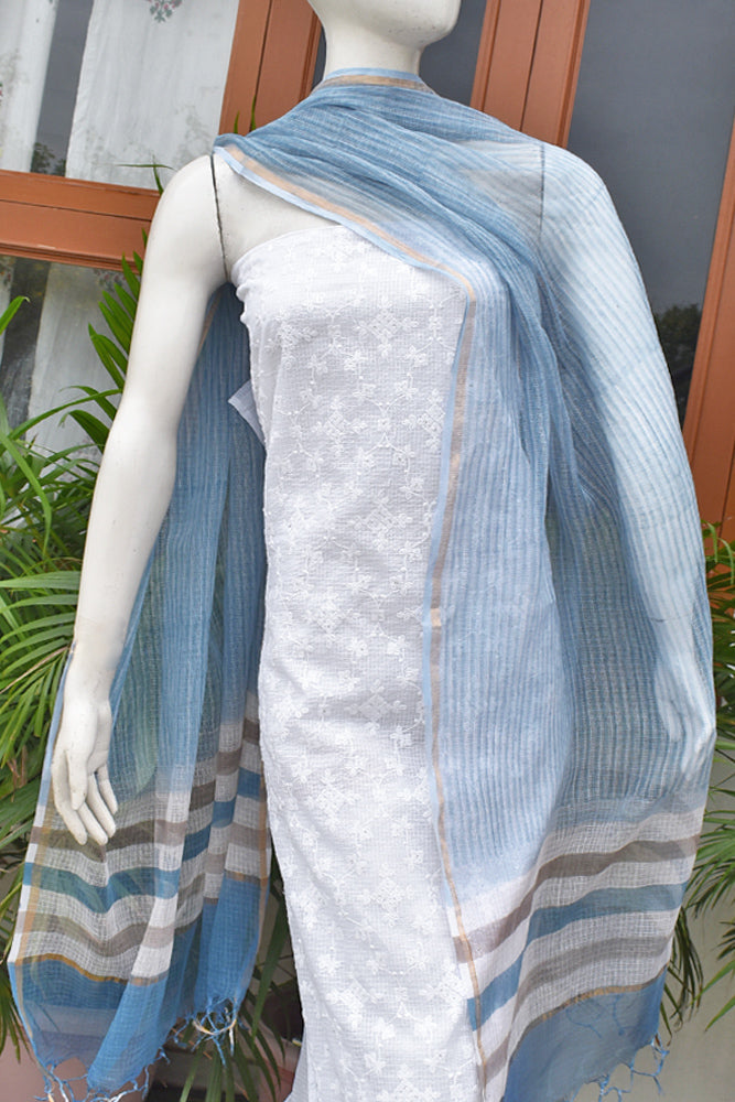 Premium Kota Unstitched suit with Schiffli & sequin work & Hand Block Print Dupatta