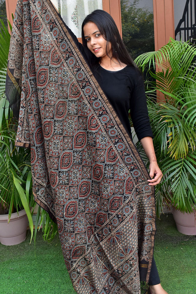 Elegant Ajrakh Hand Block Print Chanderi Dupatta