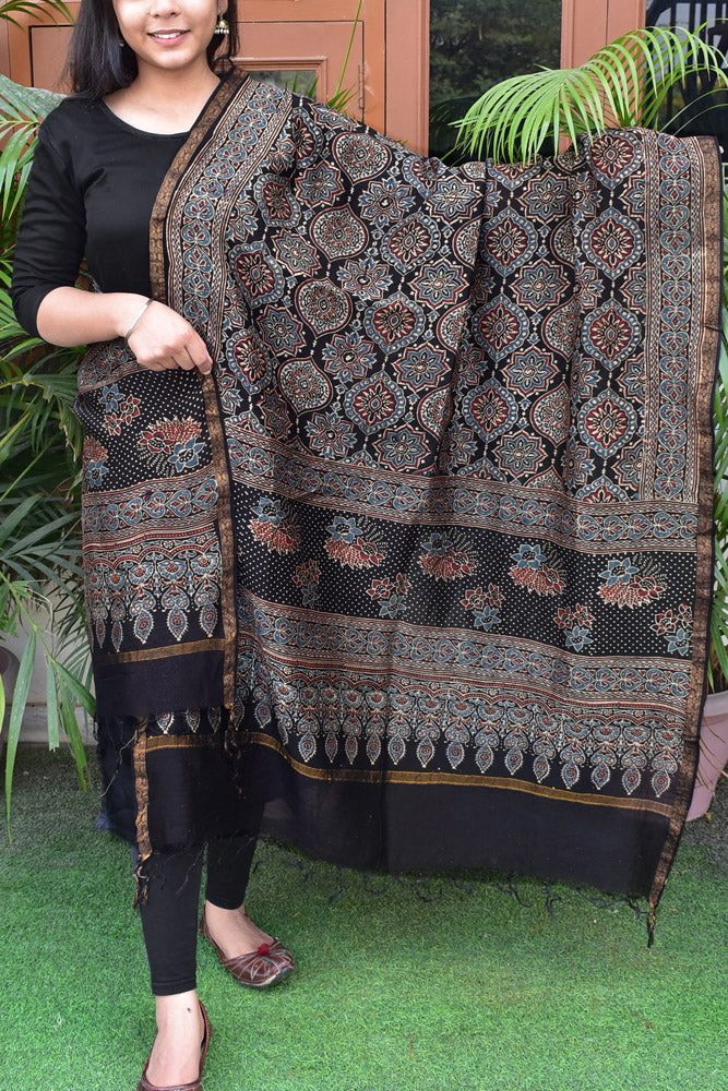 Elegant Ajrakh Hand Block Print Chanderi Dupatta