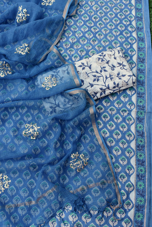 Beautiful Hand Block Printed Cotton unstitched suit fabric with Kota Doria Dupatta with Pittan & Meena work bootis