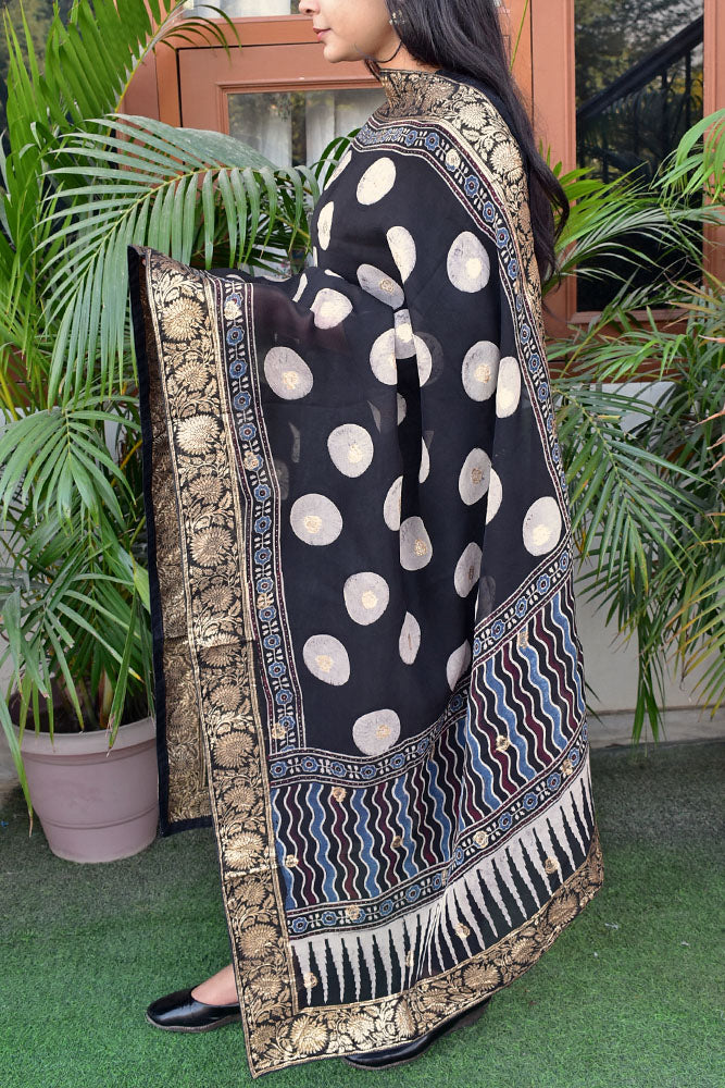 Elegant Ajrakh Hand Block Print Organza Dupatta/ Stole with Woven bootis and borders