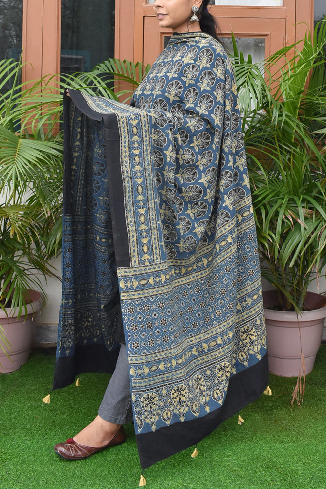 Ajrakh Hand Block Printed Cotton Dupatta with Tassels with natural dyes