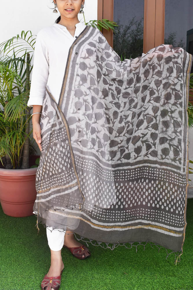 Hand Block Printed Kota Cotton Dupatta with zari border