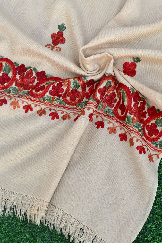 Elegant , Fine & Soft Semi Pashmina Woolen Stole with Aari work Embroidery