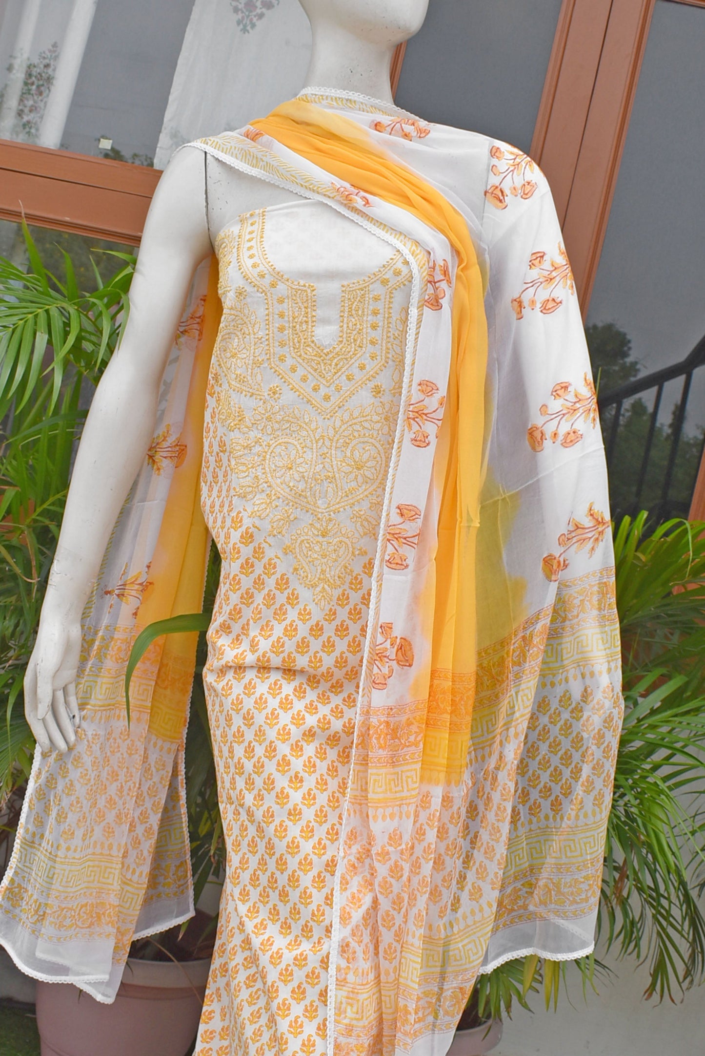 Beautiful Cotton Unstitched Suit Fabric with Chikankari & Hand Block printing