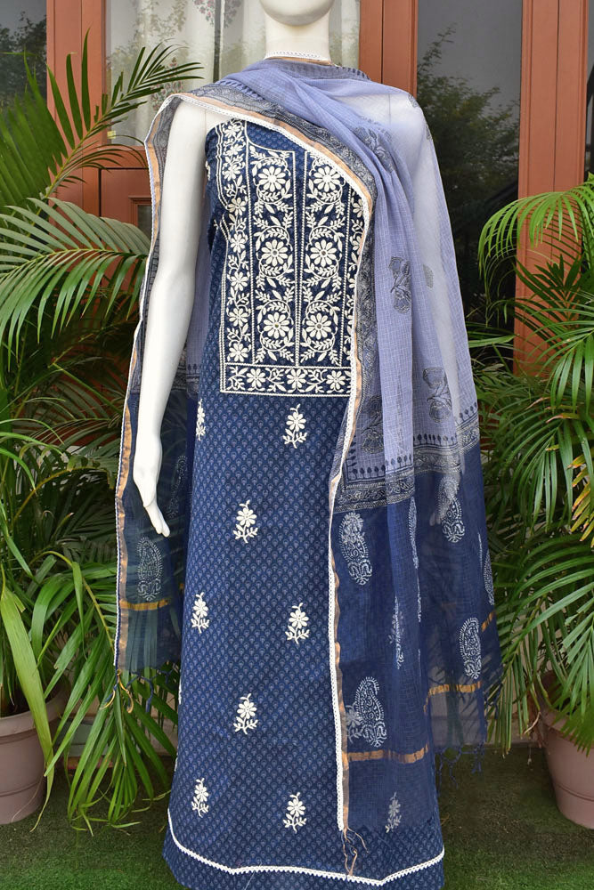 Beautiful Cotton Unstitched Suit Fabric with Embroidery work, Lace Detailing, Schiffli work bottom & & Kota Dupatta dupatta