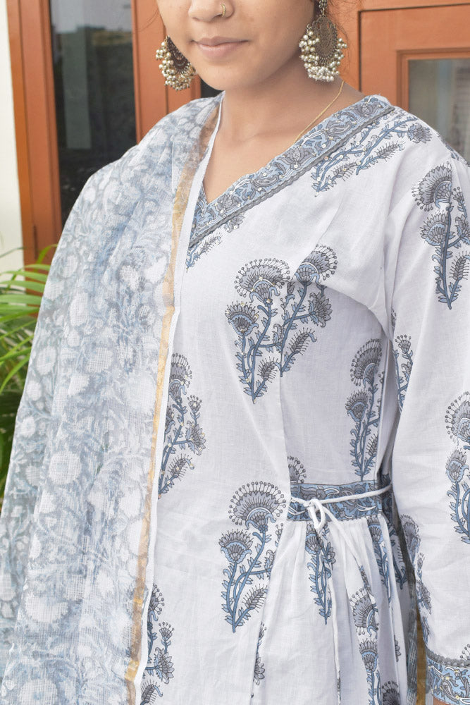 Hand Block Printed & Hand Embroidered Cotton suit with side pleats & Afghani pant - Kurta , Dupatta & Pant - size 44